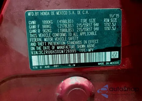 2016 Honda Hr-V Lx z USA, uszkodzony, nr VIN 3CZRU6H3XGM726995